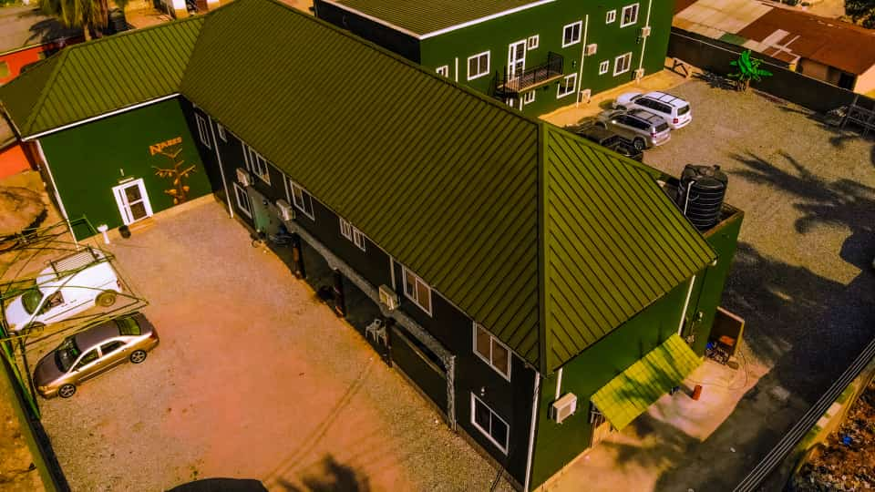 Aerial close-up of the Medie branch green roofs and entrance